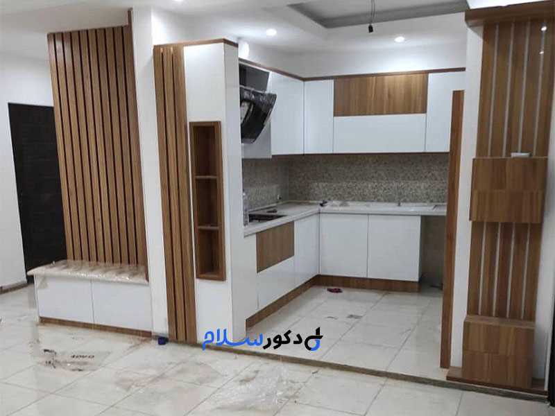 کابینت سفیدگردویی حجمی دکوری ترمو جاگلدونی شلف